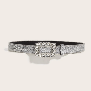 Chic silver glitter belt for women with a sparkling rectangular rhinestone buckle detail