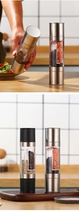 Dual-chamber stainless steel pepper mill with clear acrylic body for adjustable grinding