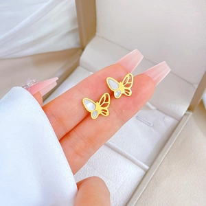 Minimalist gold titanium steel butterfly earrings with white shell inlay for women