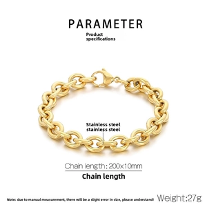 Detail view of gold-tone stainless steel thick chain bracelet with a secure lobster clasp