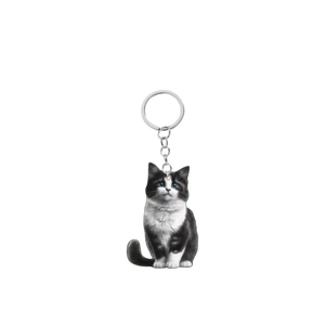 Macro detail of acrylic cat keychain with double-sided print and silver metal ring