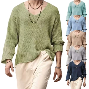 Men's V Neck Hollow Out Crochet Knit Sweater Loose Long Sleeve Casual Vacation Breathable Bohemian Top