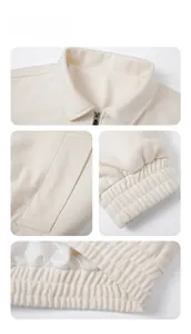 Detailed close-up of lapel collar, metal zipper, and ribbed cuffs on a cream casual jacket