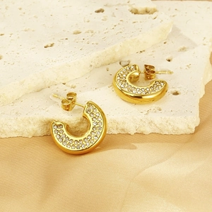 18k gold plated stainless steel C-shaped earrings with pave-set rhinestones on silk