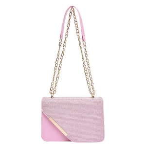 Pink chain crossbody bag with glitter fabric and gold metallic V-shaped trim