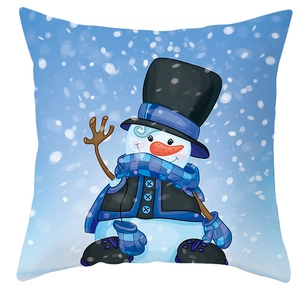Detailed close-up of a blue Christmas snowman pillowcase with high-quality printing
