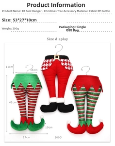 Detail view of plush Christmas elf leg ornaments with dimensions 53x27x10cm shown