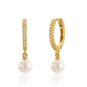 Elegant 925 Sterling Silver Artificial Pearl Huggie Hoop Earrings Micro Paved Cubic Zirconia Dangle For Women Fashion Jewelry