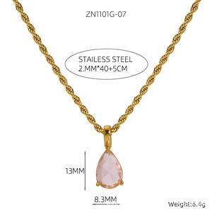 Detail of 2mm twist chain with 13mm pink pear gemstone pendant in 18k gold finish