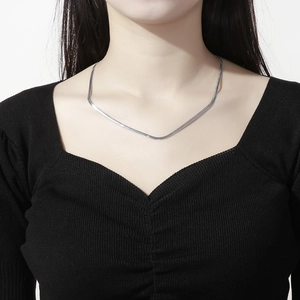 Close-up of minimalist silver flat snake bone blade chain necklace on a female model