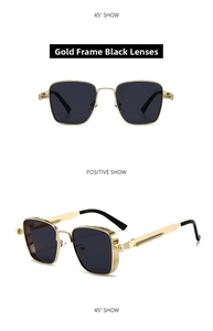 Detail view of steampunk metal frame sunglasses with side shields and spring hinges
