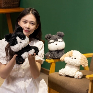 Ensemble de peluches chiots mignonnes de couleurs variées tenu par une fille