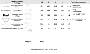 Size guide for black faux leather cropped jacket with detailed measurements and care instructions