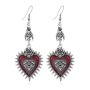 Boucles d'oreilles chauve-souris gothiques avec cœur sacré rouge et détails de rose