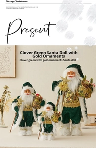 Three green velvet Santa dolls with gold sequin vests and starry scepters in home setting