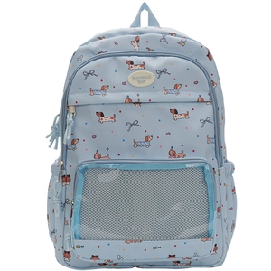 Detailed front view of light blue school backpack with cartoon dachshund pattern and clear pocket