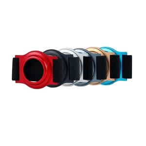 Aluminum phone ring holders in six colors with elastic bands on a white background