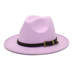 Detail of lavender fedora hat showing dark brown leather strap and golden engraved buckle