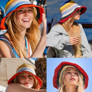 Handmade crochet sun hat with colorful rainbow stripes and wavy knit design for beach trips