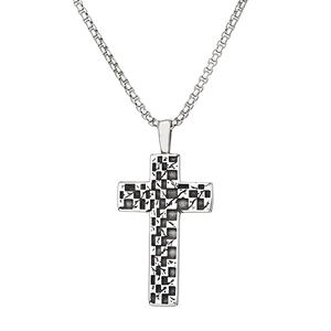 Punk style stainless steel cross pendant necklace with a retro checkered pattern