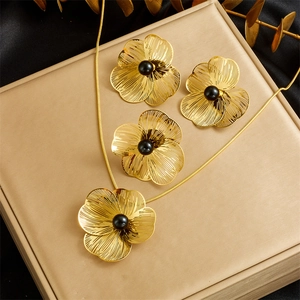 Hollow Flower Artificial Pearl Stainless Steel Necklace Earrings Ring Floral Elegant Women Fashion Accessory Jewelry