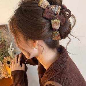 Grande Pince À Cheveux Vintage Noeud En Tweed Pince Crabe Rétro Marron Maillard Automne Hiver Accessoire De Cheveux Élégant