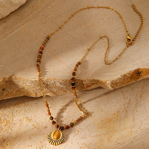 Bohemian gold plated stainless steel sun pendant necklace with natural stone beads
