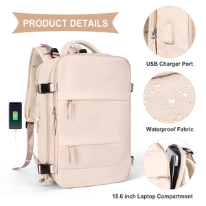 Detail view of laptop backpack with USB port, waterproof fabric, and 15.6 inch compartment