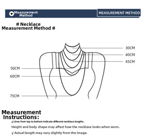 Size guide for C-shape earrings showing necklace length references from 30cm to 75cm