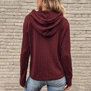 Vista posteriore di una felpa bordeaux in maglia a trecce con dettaglio cappuccio