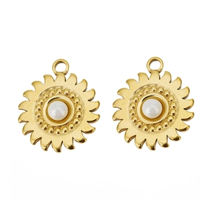 Detailed close-up of gold sunflower pendant with white pearl inlay and loop