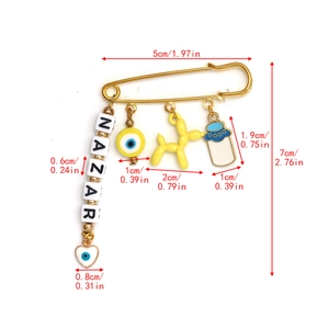 Detailed size specifications for gold evil eye safety pin with Nazar and balloon dog charms