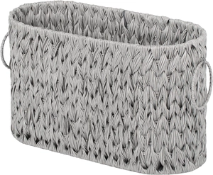 Close-up of gray woven storage basket featuring durable handles and intricate texture