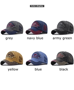 Detailed grid showing vintage washed cotton baseball caps in six different colors