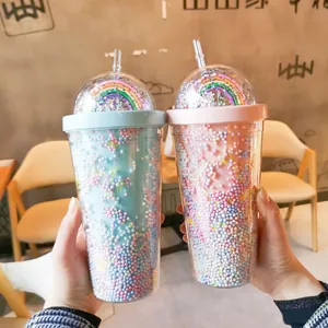 Plastic Dubbelwandige Drinkbeker Met Rietje Regenboog Deksel Gekleurde Schuimkraal Ster Pailletten Beker Voor Meisjes