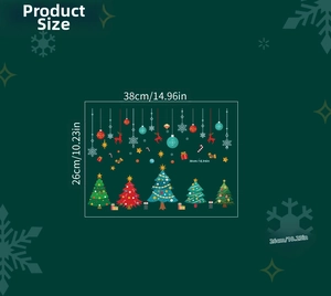 Detail view of colorful Christmas tree window stickers showing 38x26cm sheet size dimensions