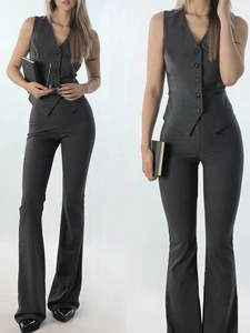 Women black slim fit vest and high waist flared trousers suit set for a long leg silhouette
