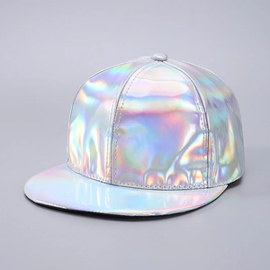 Detail showing the holographic laser texture and iridescent surface of the baseball cap
