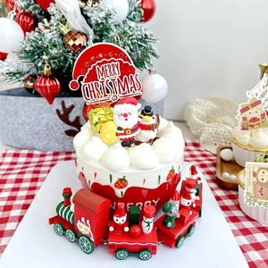 Merry Christmas acrylic cake topper set with Santa Claus and festive wooden train decor