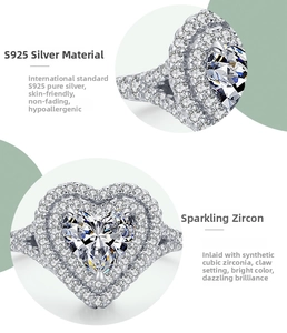 Macro detail of S925 sterling silver heart ring featuring cubic zirconia claw setting