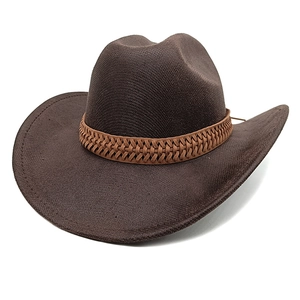 Detailed view of dark brown western cowboy hat with light brown woven decorative band