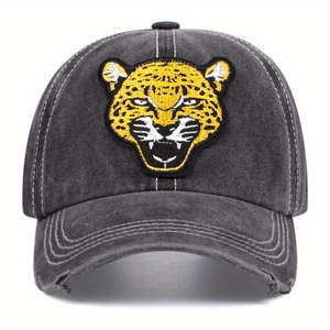 Vintage grey washed cotton baseball cap featuring a detailed leopard head embroidery