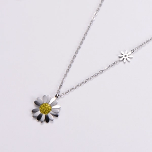 Minimalist silver daisy pendant necklace with yellow crystal center for women