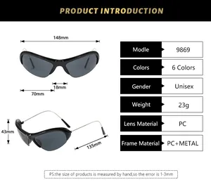 Detailed size specifications for Y2K sporty semi-rimless sunglasses with dimensions