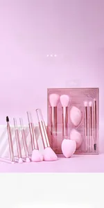 Detailed set of pink makeup brushes and sponges in a rose gold 7-piece kit
