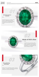 Detailed view of oval emerald gemstone with diamond halo on S925 silver ring