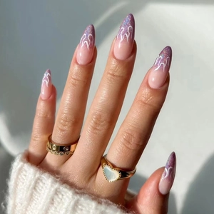 Faux Ongles à Coller Amande Dégradé Flamme Violette Scintillante Paillettes Style Français Ins Longs Stiletto pour Femmes