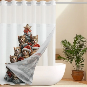 Close-up of cat Christmas tree print on waffle fabric shower curtain for bathroom decor