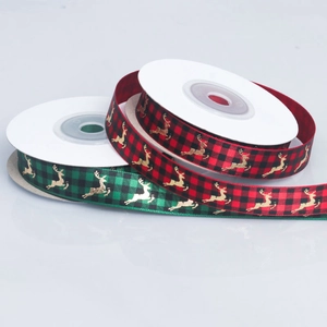 Christmas plaid ribbon with gold elk pattern in red and green festive colors