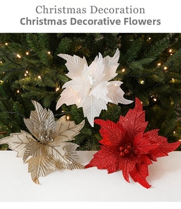 Macro detail of velvet poinsettia flowers with glitter texture for Christmas tree decor